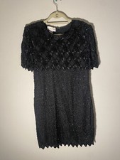 Vtg Lawrence Kazar Black Beaded Silk Sequined Cocktail Dress Size Large/ Medium