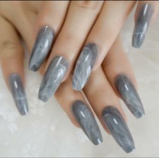 24 Press on nails Kit w Glue Smoky Blue Gray Marble extra long coffin