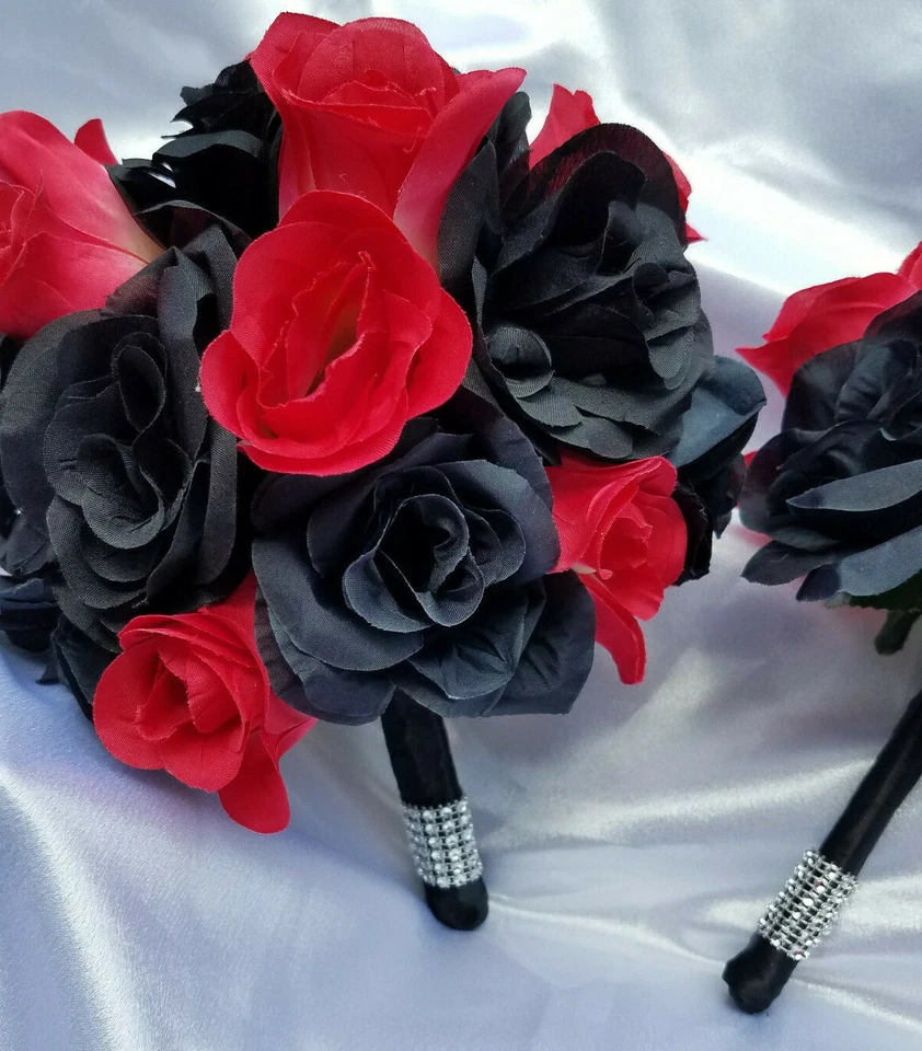 24 Pc Black Rose, Pink / Yellow Rose Bridal Bouquet Set, Wedding Bouquet Package - Image 4 of 4