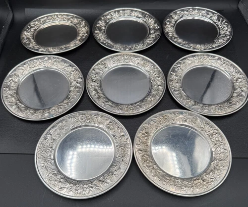 Vintage S Kirk & Son Sterling Silver Bread Plates- Set of 8  6 inch - Repousse
