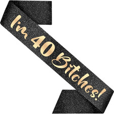 I'm 40 Sash 40th Birthday Decoration for Women Black 32 inch Long with Rose G...