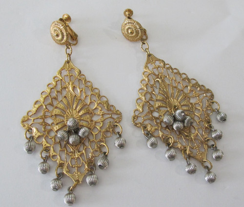 Napier Gold Tone Filigree Silver Fluted Ball Drop Dangle Clip Earrings MCM 1960s