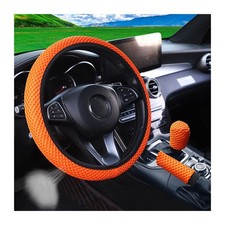 Bittwee 3PCS 15Inch Car Steering Wheel Cover Armrest Gear Shift Orange 