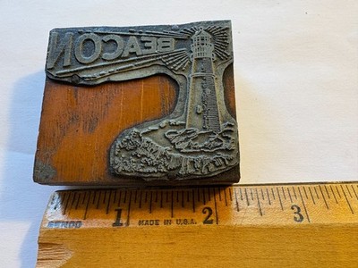 Vintage Letterpress Printing Block BEACON Lighthouse Coastal Graphic Wood Mount