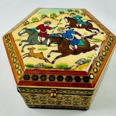 Persian Khatam Kari Hexagon Jewelry Box Hand Painted Polo Scene Wood Inlay 4.25''