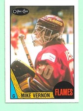 (1) MIKE VERNON 1987-88 OPC # 215 FLAMES ROOKIE GOALIE NM CARD (N5296). rookie card picture