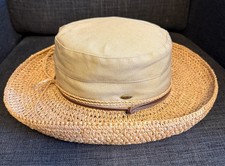 Scala Collection Raffia Straw Safari Hat w Canvas Crown Leather Band Chin Cord