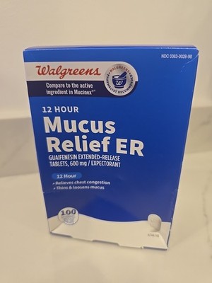 Walgreens Mucus Relief ER 600 mg 12 Hour 100 Tablets Exp 3/2026 Guaifensin New