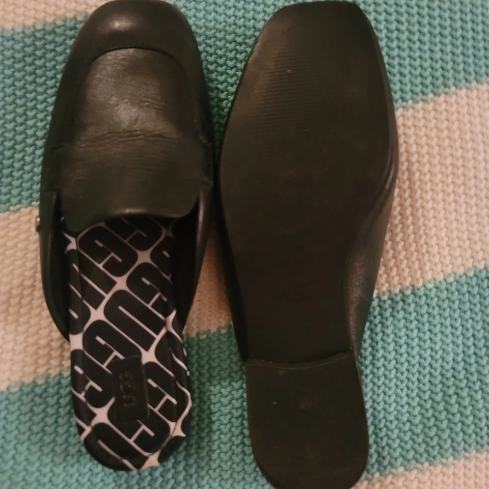 UGG Black Leather Loafer Mules Slippers Women's Size 6.5 Slip On - Image 2 of 4