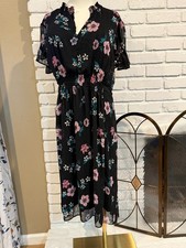SALE!!Lane Bryant Plus Size Black Floral Midi Dress Ruffle Sleeve Smocked Waist