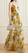 NWT $7K Dolce & Gabbana Floral Print Silk Chiffon Maxi Dress Yellow Size US 6