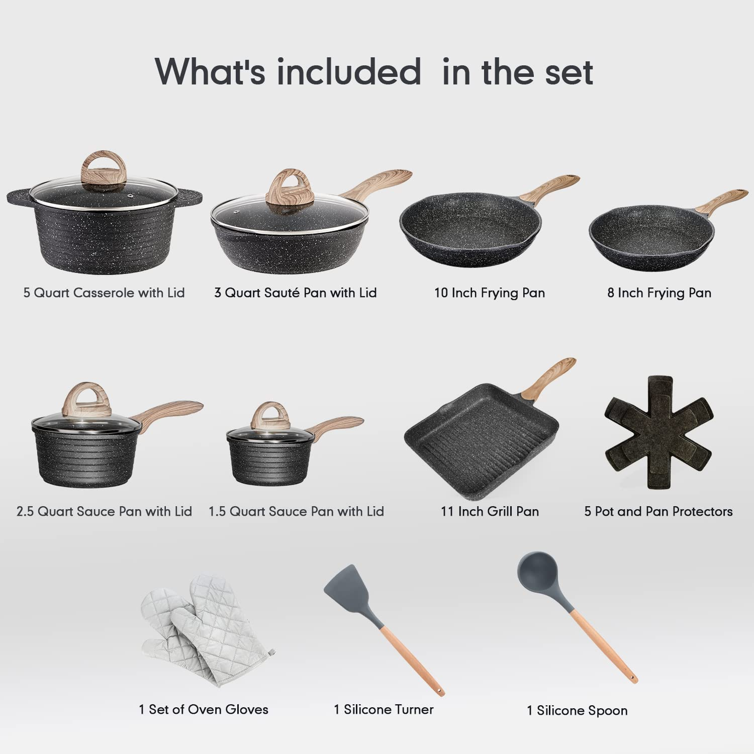 Juego de utensilios de cocina – Juego de ollas y sartenes antiadherentes  grandes con tapas, juego de utensilios de cocina de granito antiadherente