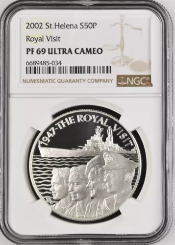 2002 SAINT HELENA SILVER 50 PENCE 500TH ANNIVERSARY ROYAL VISIT- NGC ULTRA CAMEO
