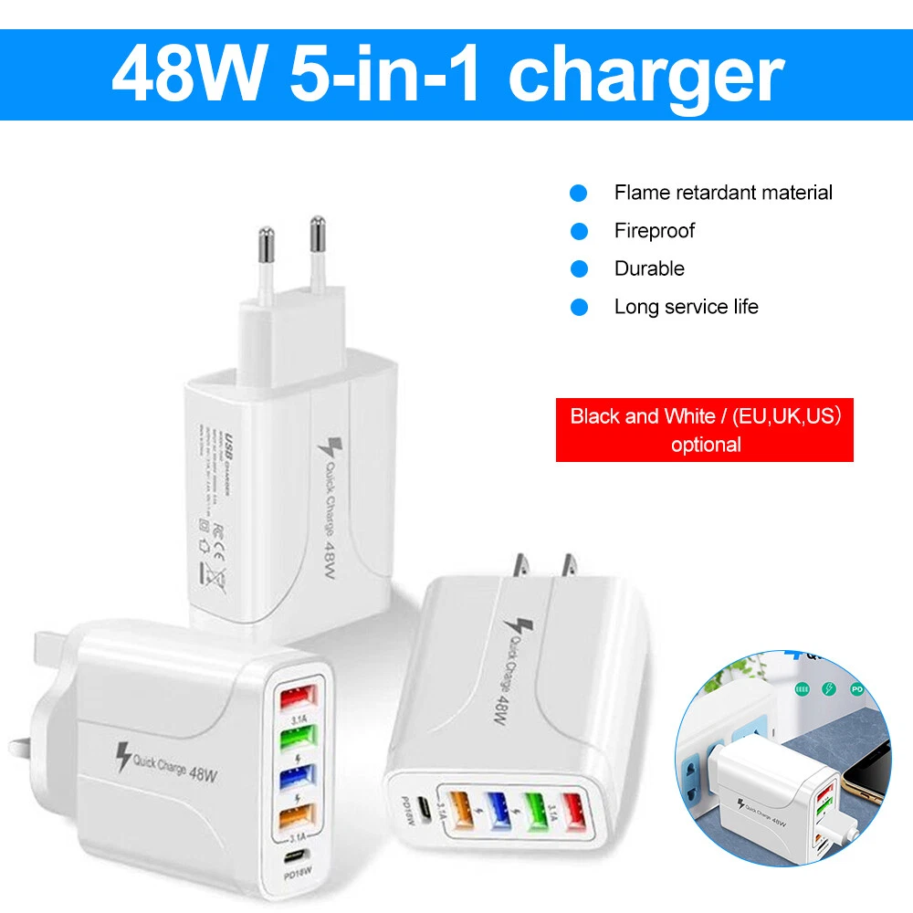 5 Multi Port USB Hub Charger Station Wall Fast Charger PD Power Adapter US Plug