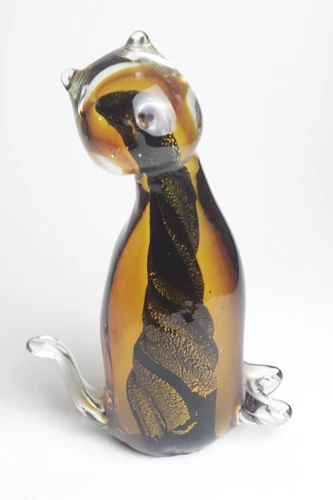 Vintage Large Murano? Hand-blown Art Glass Brown Cat Figurine Paperweight 9”