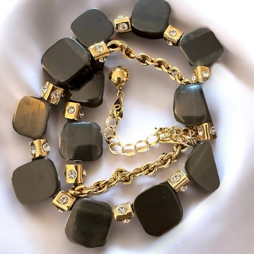 Collana Kate Spade Nera Cristalli Tono Oro Modernariato Piastrelle Lucite Vintage - Foto 8 di 9