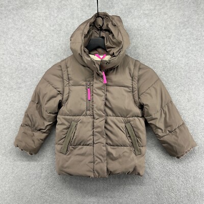 Crewcuts Puffer Jacket Girls Size 4/5 Beige Convertible Vest Hooded Zip Down