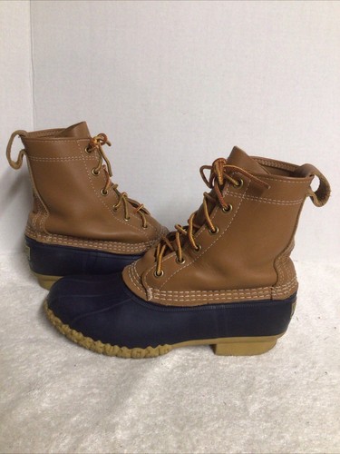 LL BEAN Bottes Canard Femme Taille 7 Imperméable 8” Haut Marron Cuir Bleu Caoutchouc USA - Photo 5/9