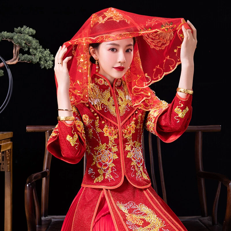 Chinesische Rote Braut Schleier Glitzer Pailletten Stickerei Spitze Kopf Stütze - Bild 4 von 4