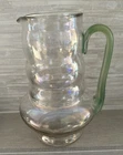 Vintage Dunbar Pink Watermelon Depression Glass Pitcher Green Handle Ribbed 10"