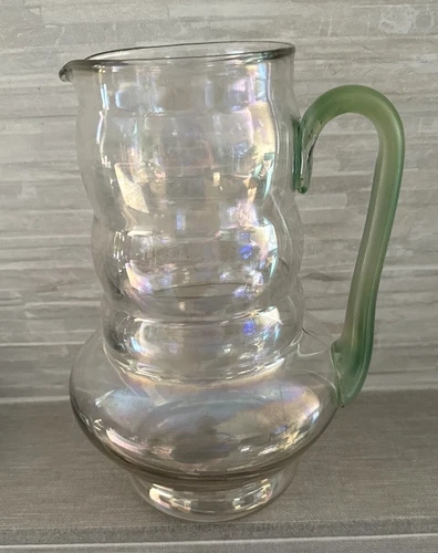 Vintage Dunbar Pink Watermelon Depression Glass Pitcher Green Handle Ribbed 10"