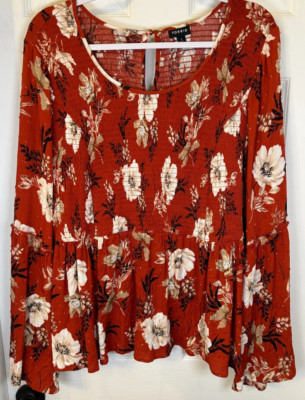 TORRID Blouse Womens 3X Floral Smock Long Bell Sleeve Babydoll Tunic Top NWOT