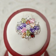 Colorful CZ Flower Size 6 3/4 Statement Silver Plated Ring