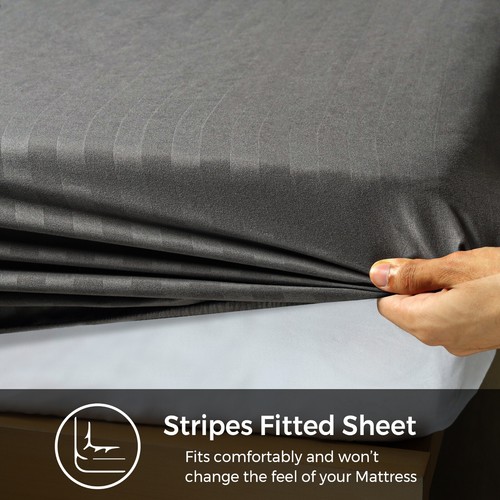 Satin Stripe Fitted Sheet 25cm Microfiber Hotel Quality Double Striped All Size - Picture 13 of 114