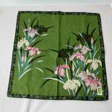 VTG Japanese Linen Green Floral Handkerchief Hankie Pocket Square Orig. Sticker