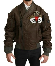 DOLCE & GABBANA Jacket Brown Beaded Crown Skull Logo EU50 / US40 / XL RRP $3500