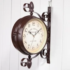 Antique Wrought Iron Wall Clock, Round Wall Hanging Double Sided Two Faces Re...