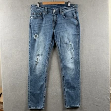 True Religion Jeans Mens 38x32 Blue Slim Fit Denim No Flap Factory Distressed
