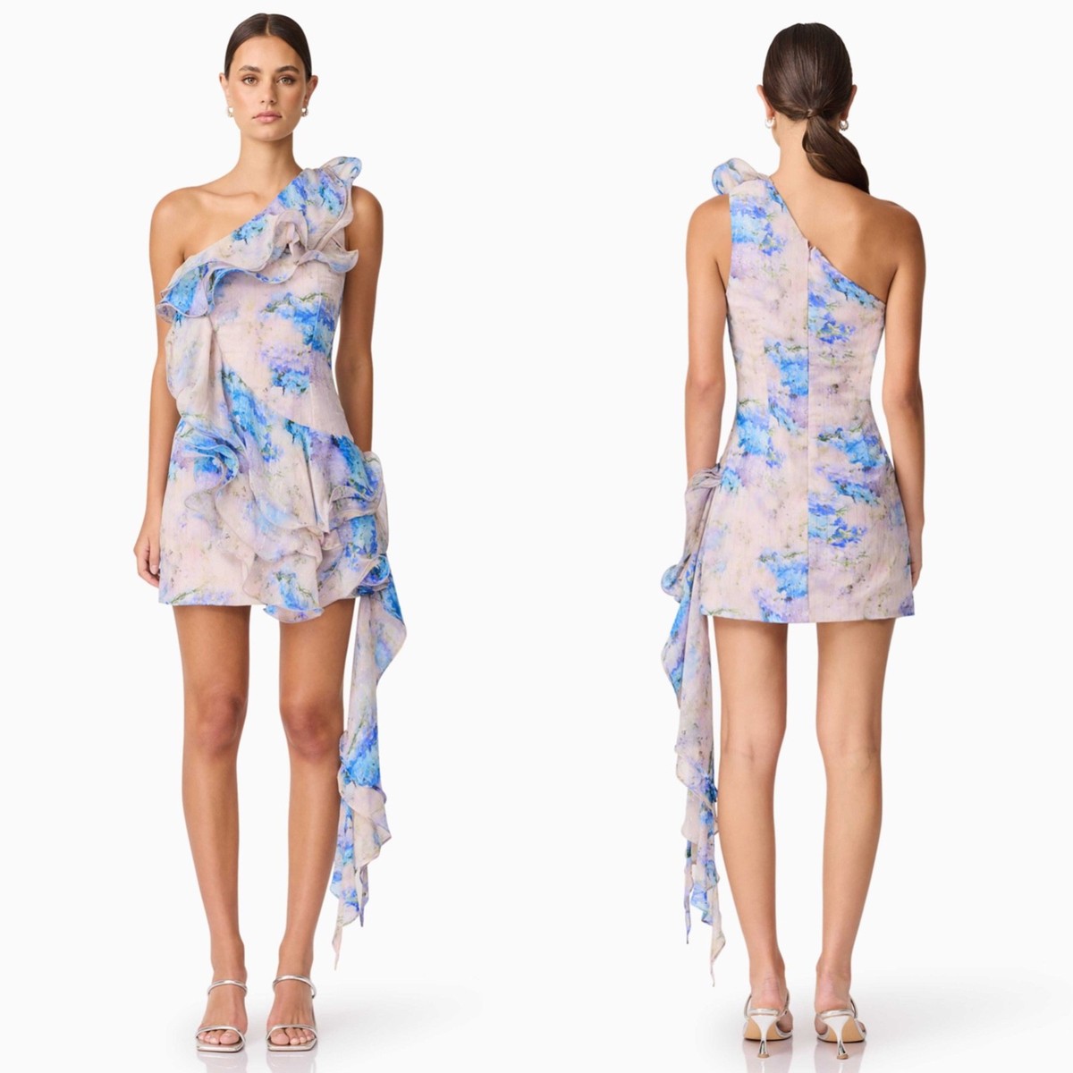 NEW ELLIATT Multi FLORAL Briony ONE SHOULDER Ruffle ASYMMETRICAL Mini DRESS  L