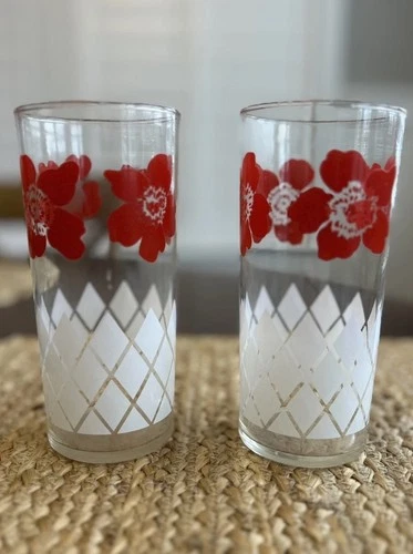Federal Glass Co MCM Vintage Red/White Flower/Diamond Set of 2 Drinking Glasses