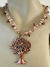 ESTATE COPPER TONE ROSE AURORA BOREALIS GLASS TREE OF LIFE PENDANT NECKLACE 16"