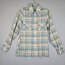 VTG 70 s Levi's Panatela Mens Small Button Up Shirt Long Sleeve Blue Green Plaid