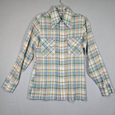 VTG 70 s Levi's Panatela Mens Small Button Up Shirt Long Sleeve Blue Green Plaid