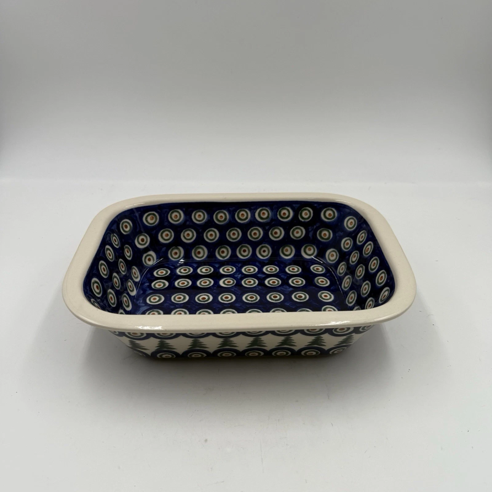 Blue Rose Polish Pottery Peacock Loaf Pan, Baking Dish 9.5 x 7 in., Tree Design