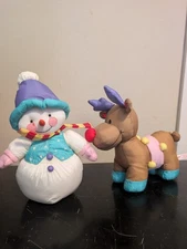 Vintage Russ Berrie LUV PETS 8" Reindeer & Snowman Plush Stuffed Nylon Christmas
