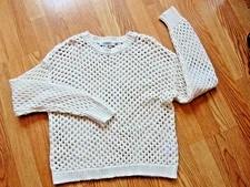 Hooked Up Womens Ivory Cotton Open Crochet Knit Crew Neck Pullover Sweater XS