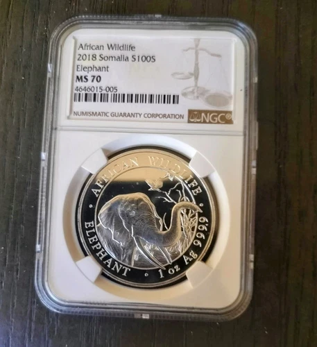 2018 Somalia African Wildlife 1 oz .9999 Fine Silver Elephant NGC MS70