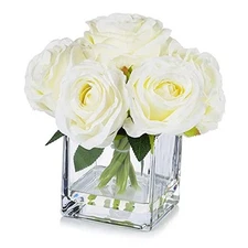 Enova Floral 7 Large Stems Artificial Silk Roses Fake Flowers Arrangement Cream