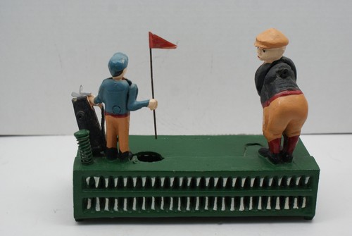 Birdie Putt Cast Iron Golfer & Caddy Mechanical Coin Piggy Bank Man Cave Item - Picture 6 of 11