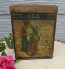 ANCIENNE BOITE EN TOLE FER  PUBLICITAIRE LITHOGRAPHIEE SEL DECOR BRETON