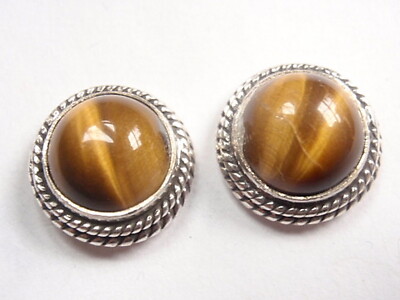 Tiger Eye Round w/ Rope Style Accents 925 Sterling Silver Stud Earrings p400gq