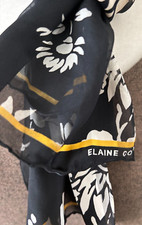 Vtg ELAINE GOLD Rectangle Black Wht Floral 100 Silk SCARF 14X52 Japan Yellow A