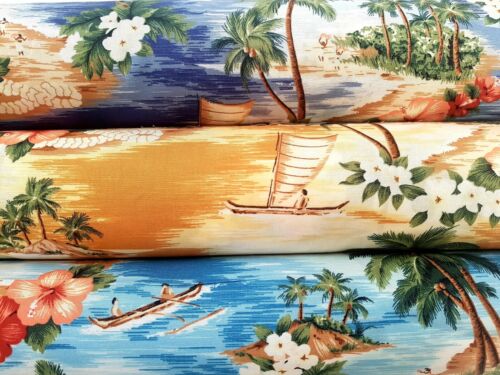 Hawaiian Island & Palm Trees - 100% Craft Cotton Print Fabric - Rose & Hubble - Zdjęcie 1 z 8