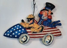 UNCLE SAM in FLAG CAR, WILD RIDE!  * Glitter PATRIOTIC JULY 4 ORNAMENT * Vtg Img