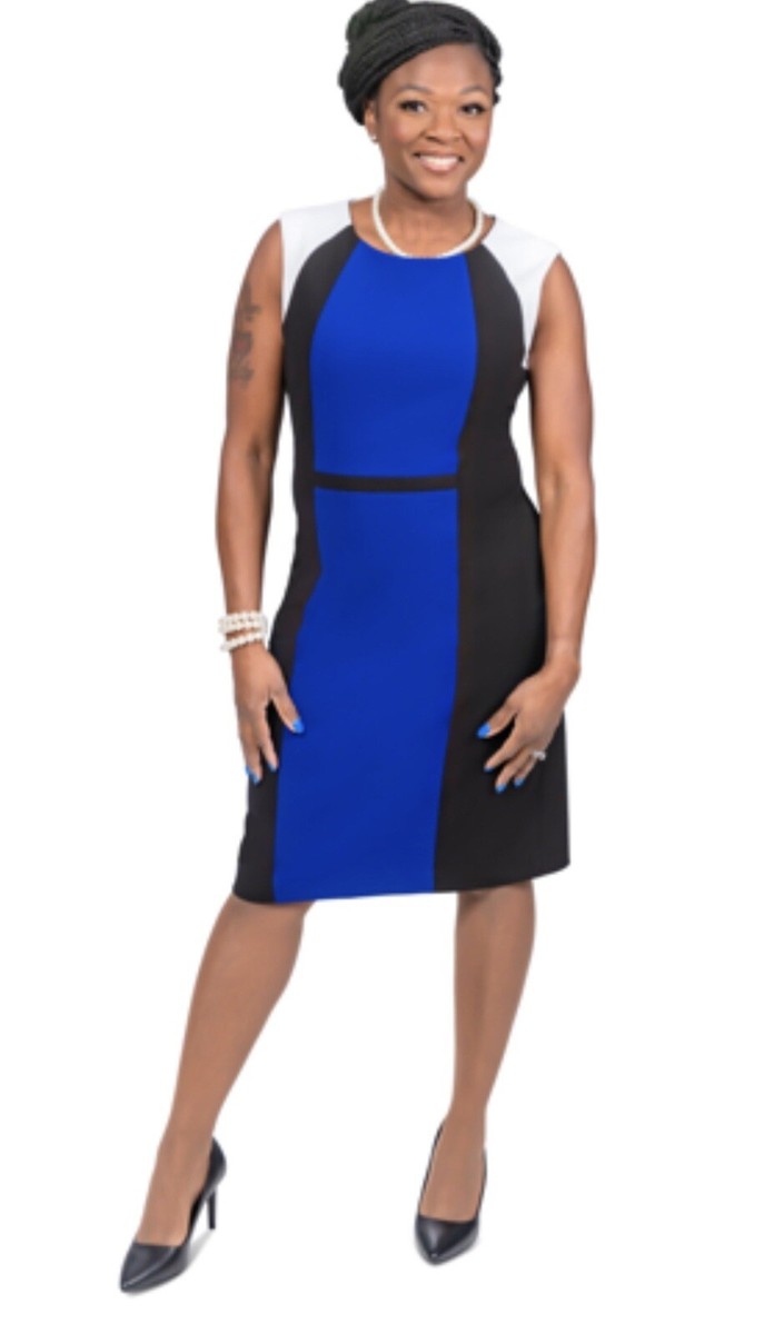 Kasper Sleeveless Colorblocked Sheath Dress Royal/White/Black 8