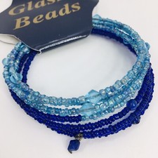 Blue Beaded Bracelet Glass Seed Bead Coil Stretch Bangle Set of 2